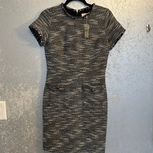 Loft Petite Boucle Button Pocket Dress Black Blue Tweed Fringe Petite 4P